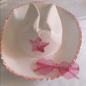 New White Cowboy Hat with Pink Star and Sunglasses